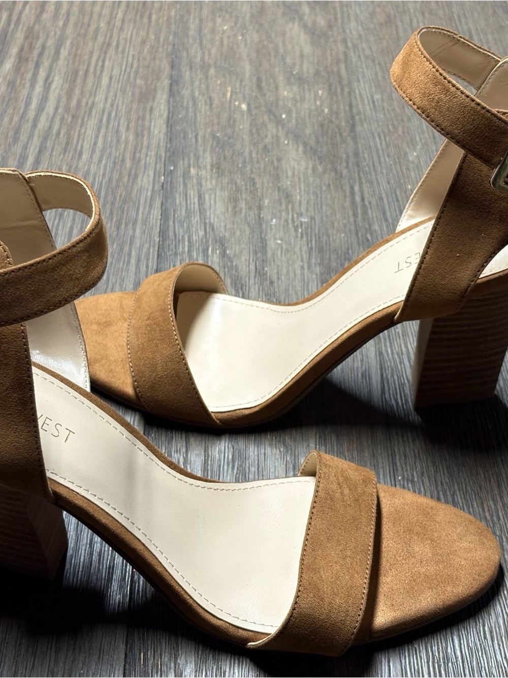 Nine West Tan Suede-Look Ankle Strap Block Heel Sandals Size 8